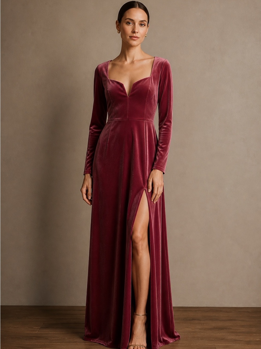 Lulus Velour Long-Sleeve Sweetheart Open Back Side Slit Women M Maxi Dress